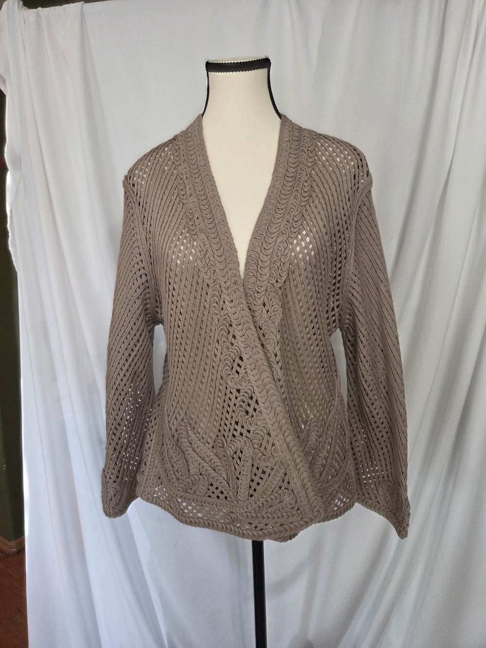 Chico's Open-Knit Taupe Crochet Cotton Cardigan  Size 3- XL